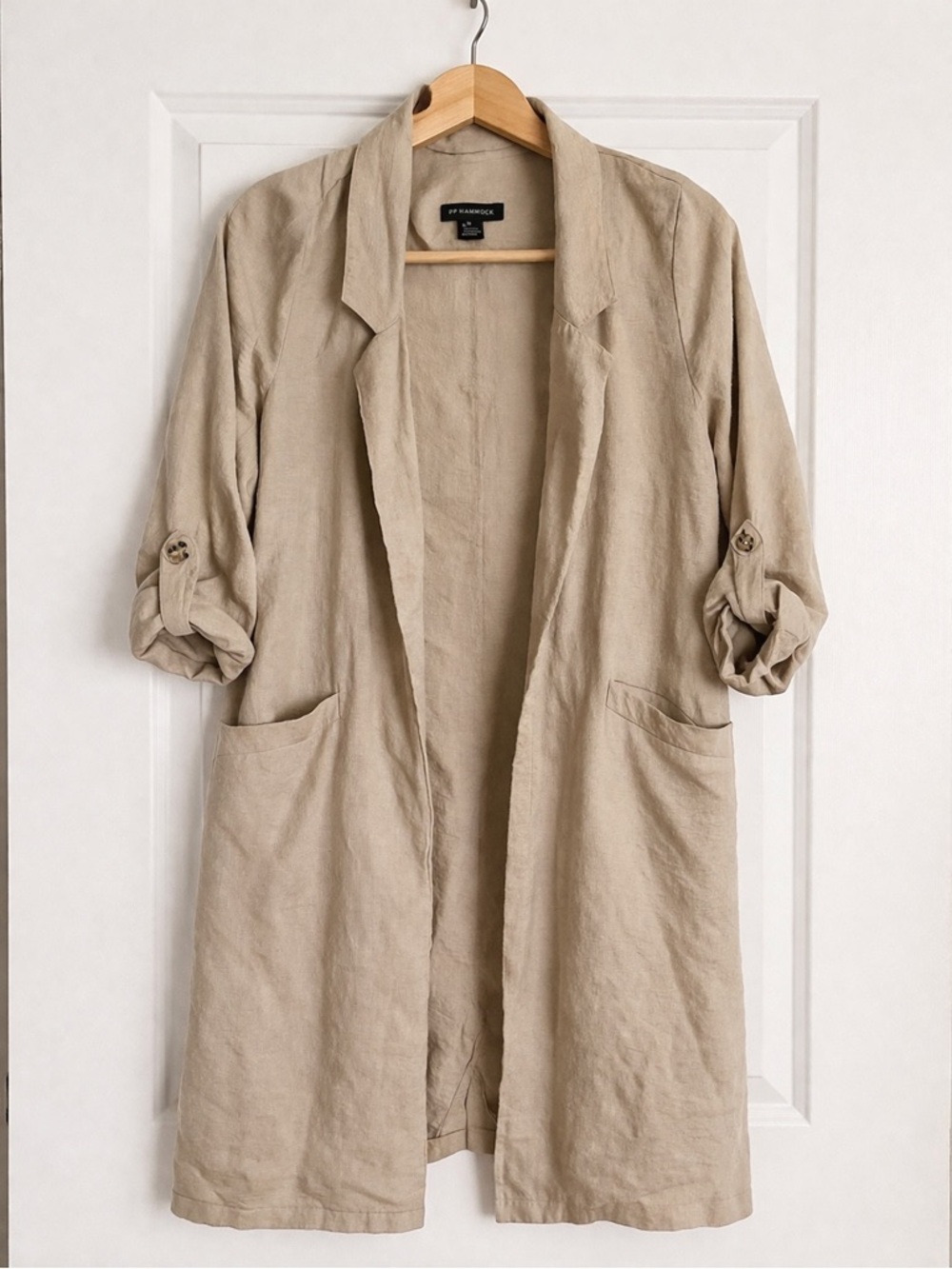 Beige Linen Blend Blazer Jacket Lightweight Longline Neutral Minimalist Chic